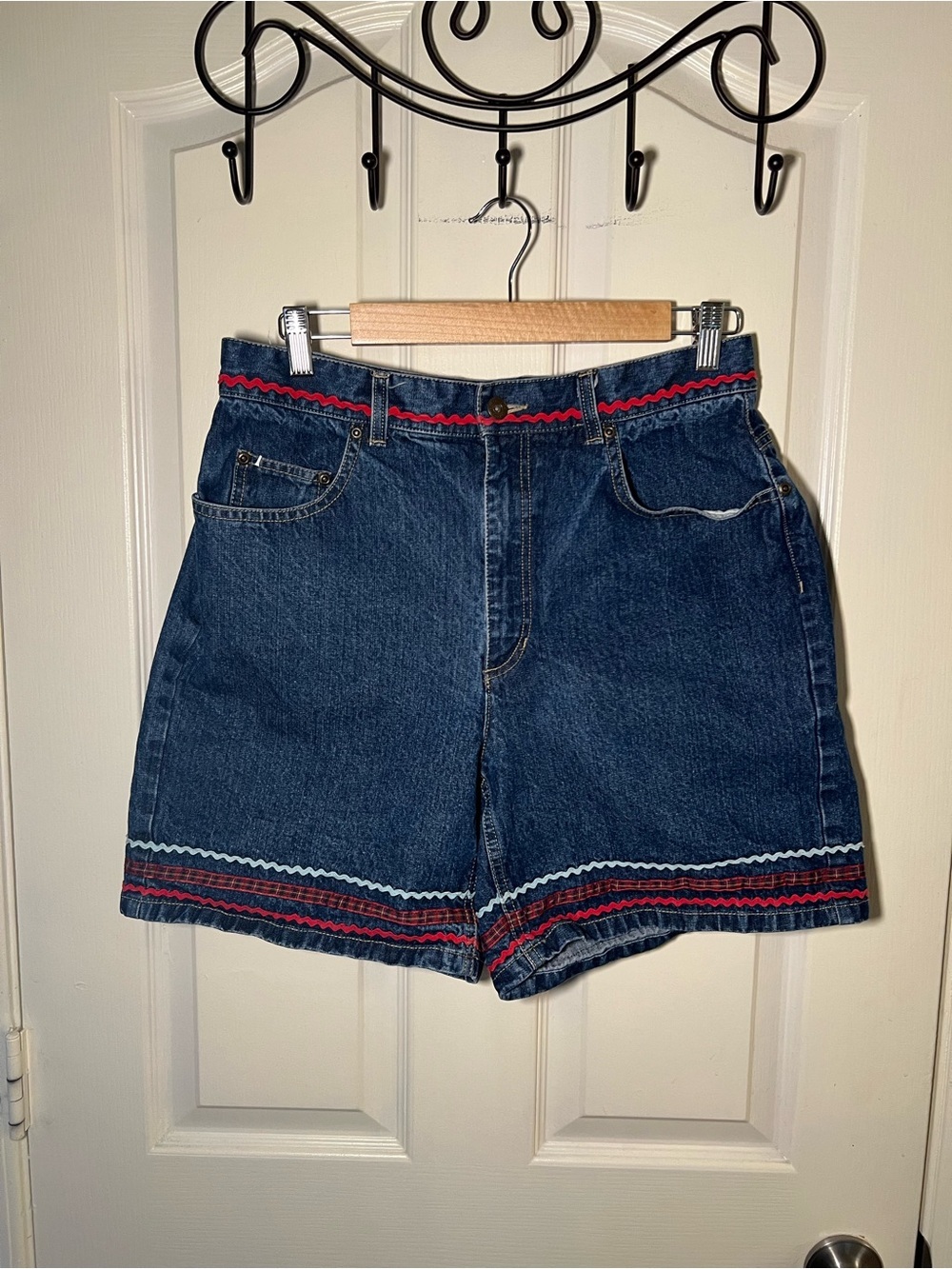 Vintage 90s Lizwear High Waisted Denim Jorts Ric Rac Trim Size 12